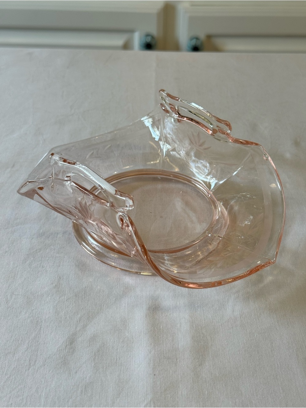 🩷✨ Vintage Lancaster Pink Depression Glass Etched Bon Bon Dish | Dual Handles